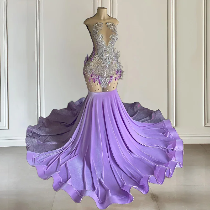 Lilac sheer O-neck  Prom Dress
