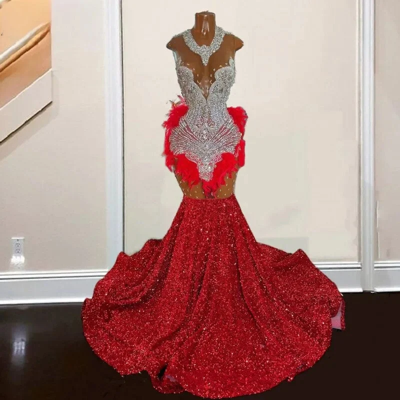 Red Backless Luxury Rhinestone Feathers Mermaid Prom Dress