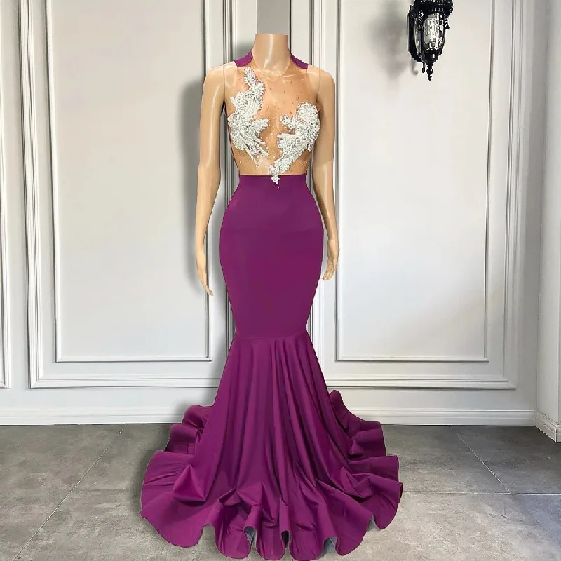 Purple Sheer O-neck Sleeveless Sparkly Beaded Silver Diamond Prom Dress
