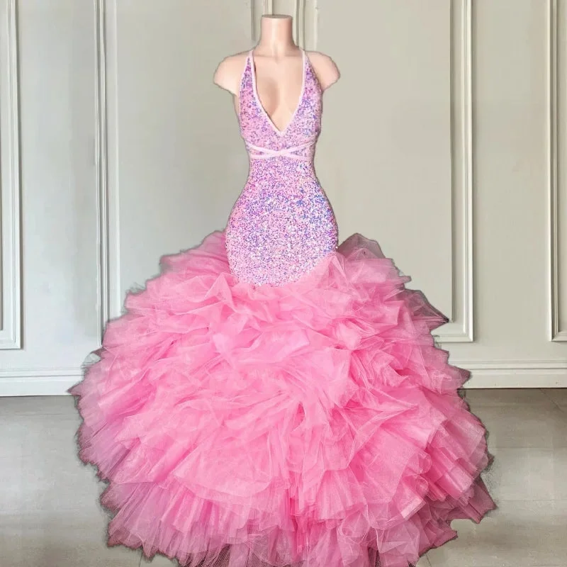 Pink Sleeveless Sequin Prom Dress
