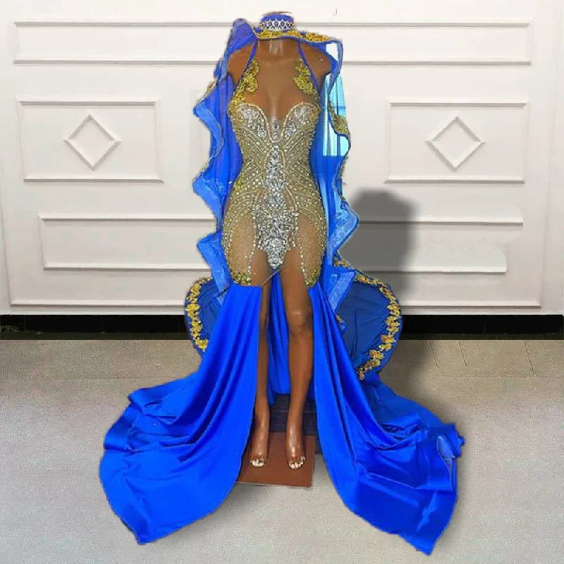 Glitter Beaded Crystals Mermaid Long Prom Dress with Cape Sexy See Through