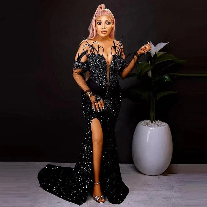 Black Beads  Sequined Mermaid Prom Dress