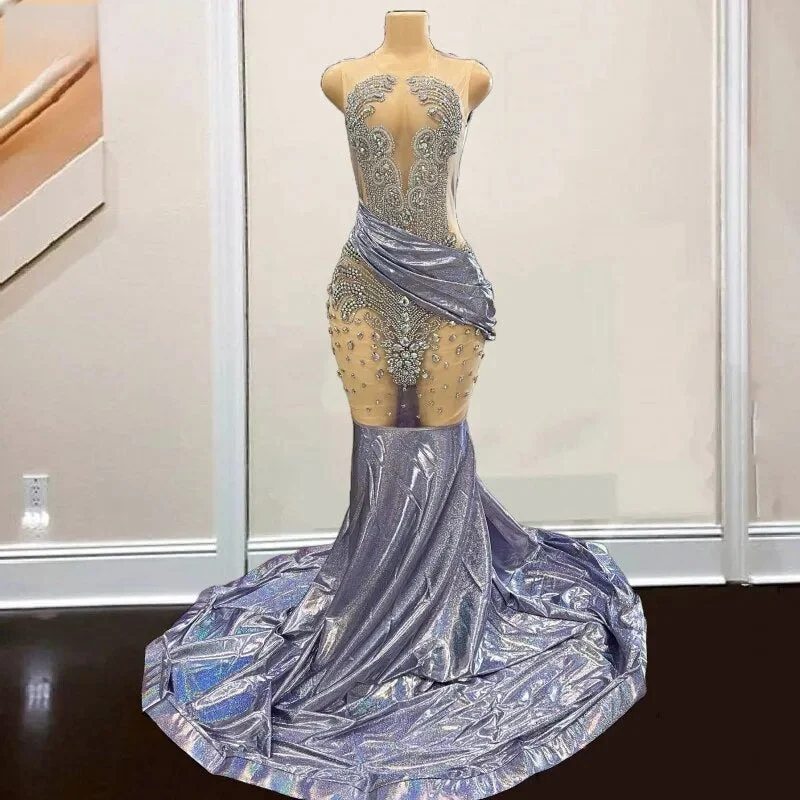 Shiny Elegant Sheer Neck Rhinestone Diamond Prom Dress