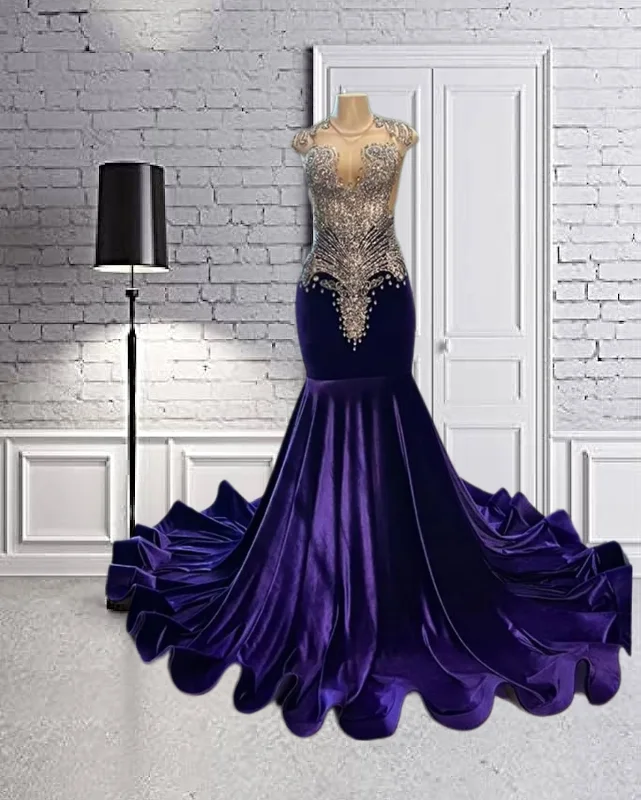Purple Velvet Silver Crystal Beading Prom Dress
