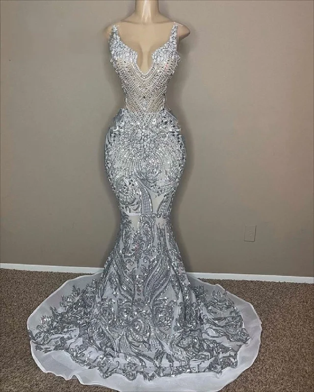 Crystal Beading Spaghetti Sequined Lace Prom Dress