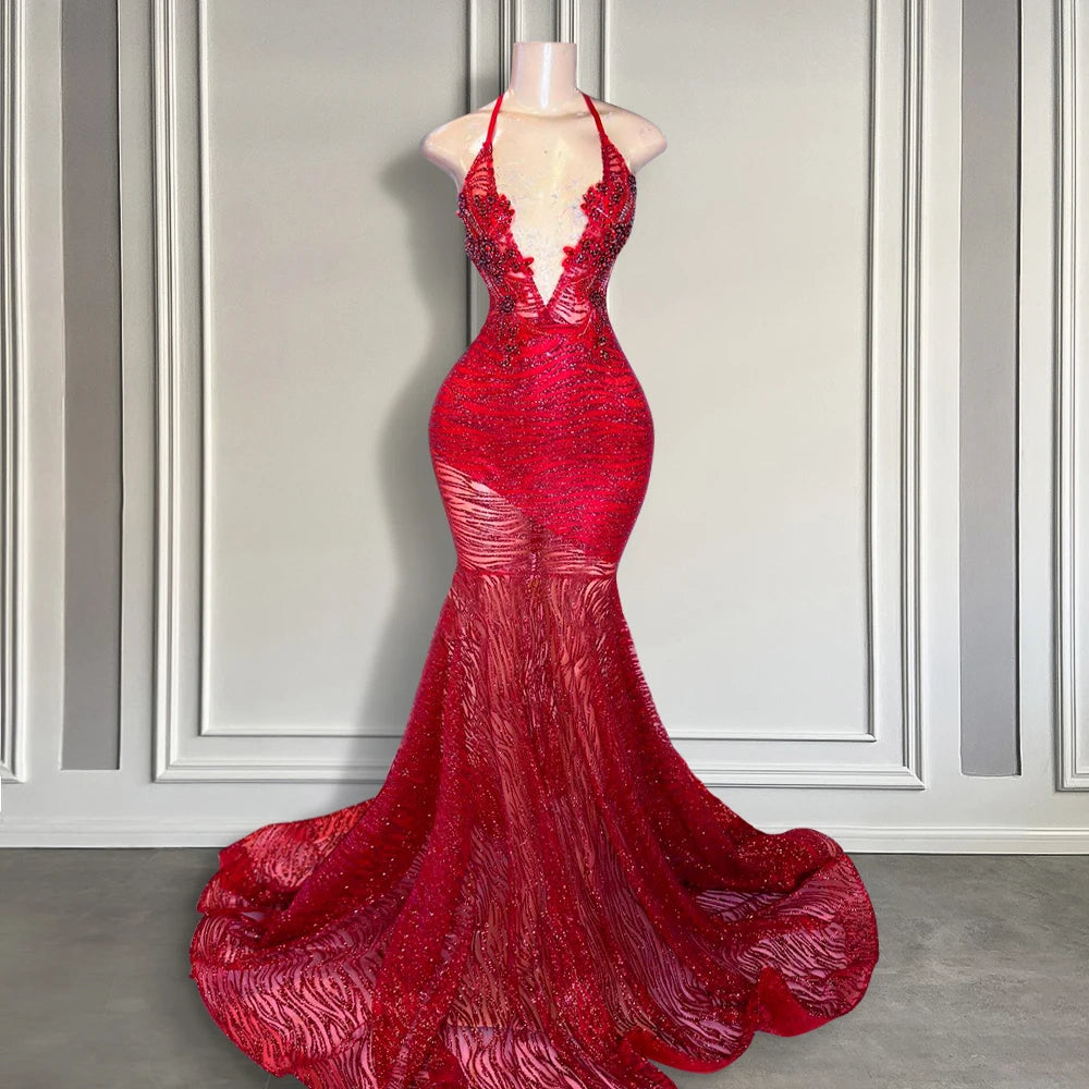 Red Sequins Halter Mermaid Prom Dress