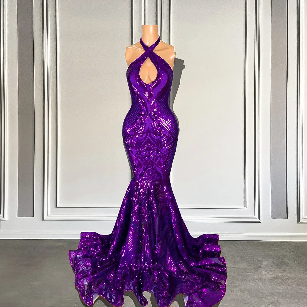Sparkly Purple Halter Mermaid Prom Dress