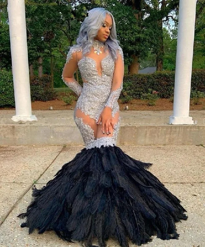 Sexy See Through Mermaid Prom Dress with Black Feathers