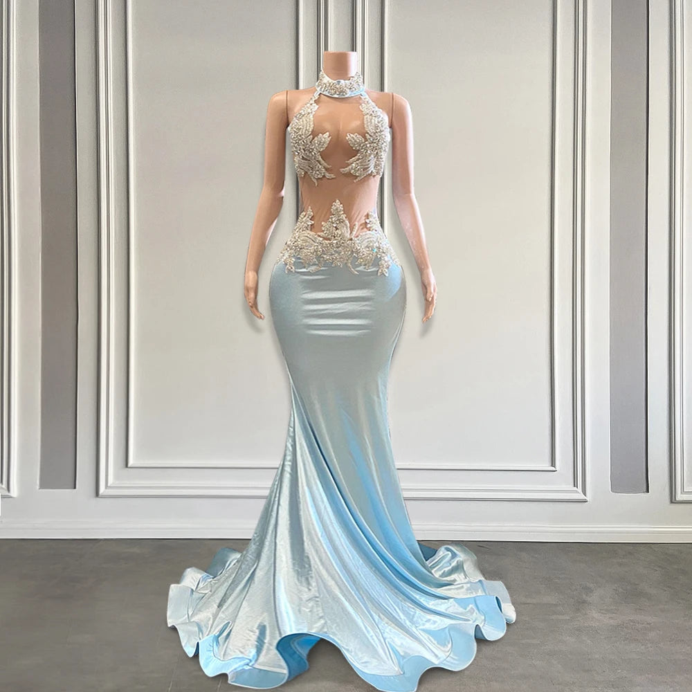 Elegant Light Blue Floral Beaded Appliques Mermaid Prom Dress