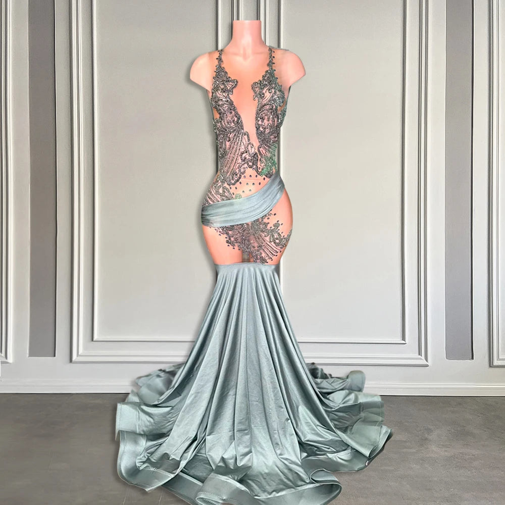 Silver Rhinestone Mesh Prom Dress