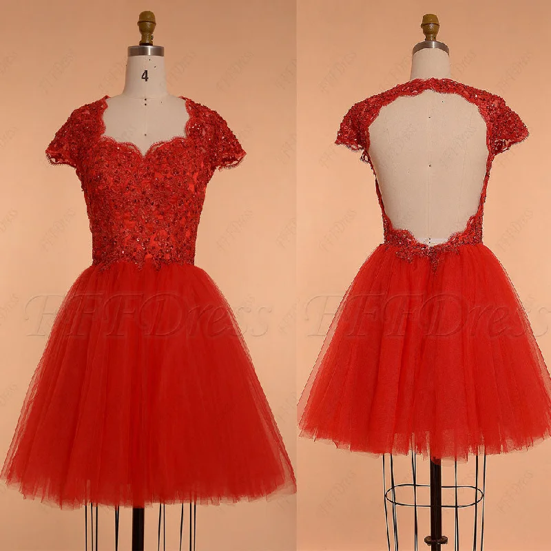Red backless short prom dresses cap sleeves