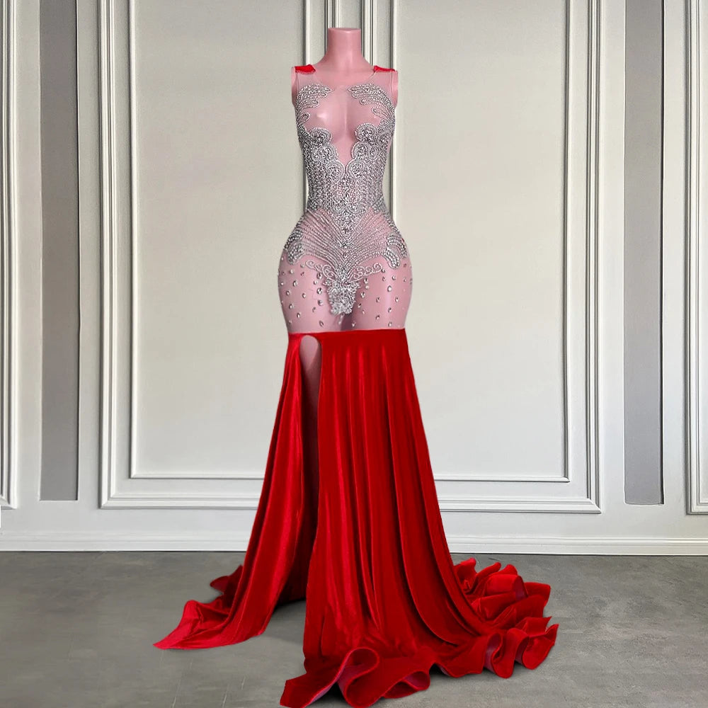 Sparkly Silver Crystal Red Velvet Mermaid Prom Dress with Slit