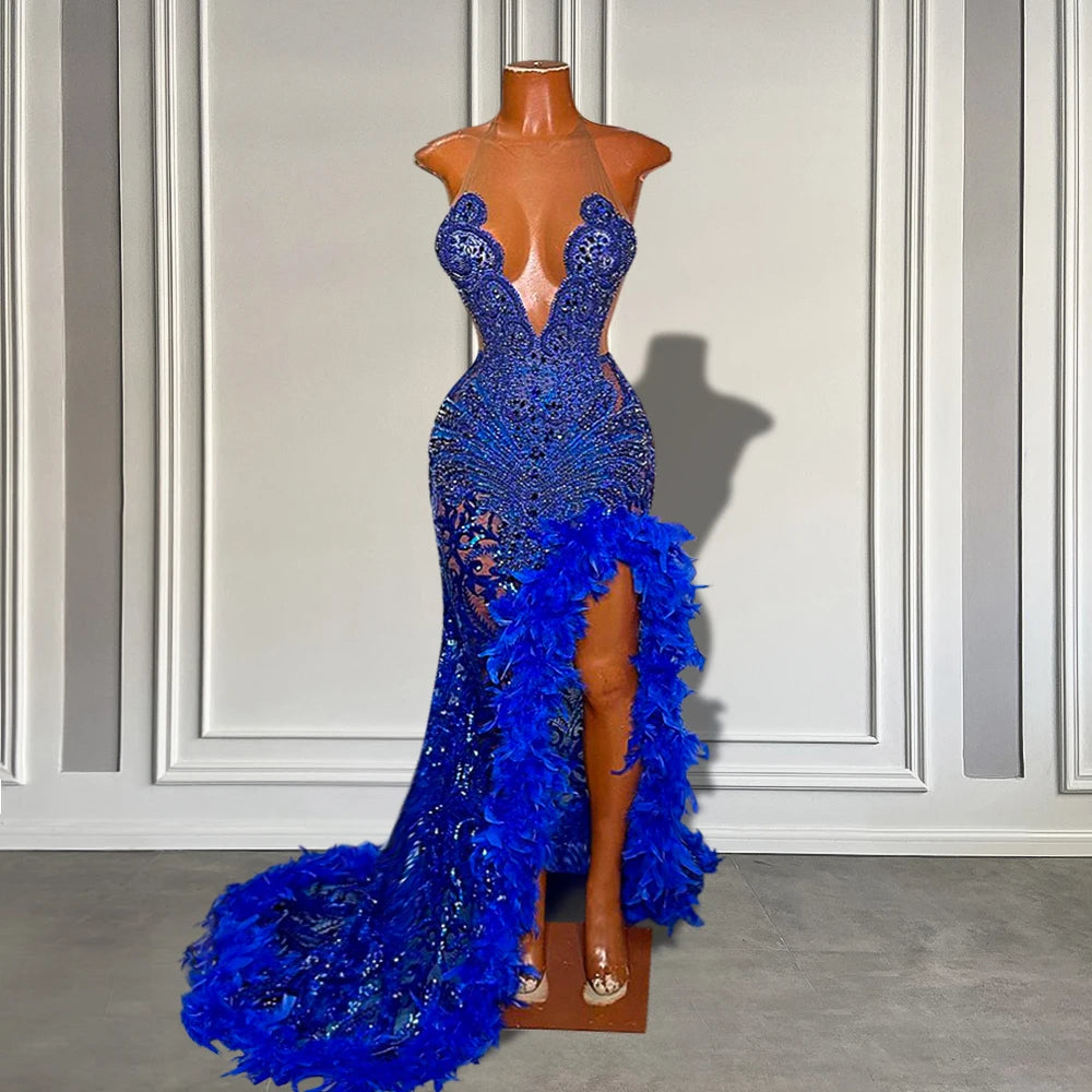 Blue Feather Sparkly Beaded Prom Dress with Slit