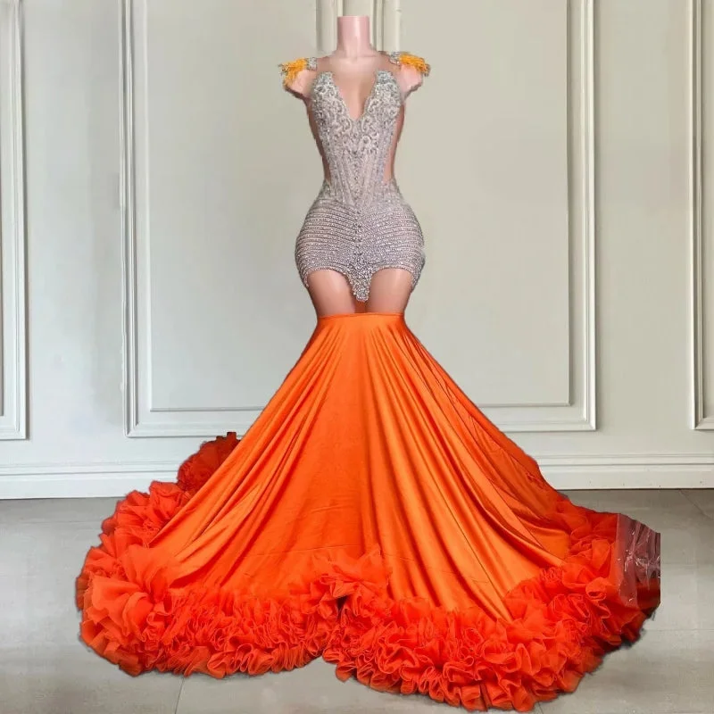 Orange Rhinestone Sequin Prom Dress