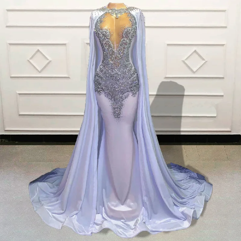 Luxury Mermaid Long Prom Dress with Cape Glitter Beaded Crystal