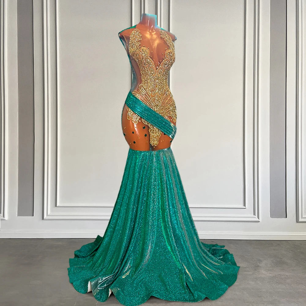 Shiny Green Gold Crystal Rhinestone Luxury Prom Dress 2025