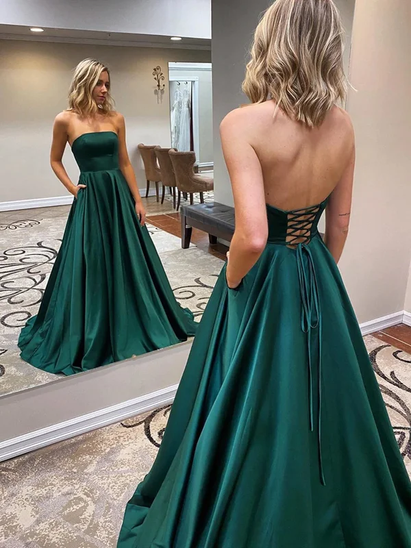 Open Back Strapless Green Satin Long Prom Dresses with Pocket, Strapless Green Formal Graduation Evening Dresses Open Back Strapless Green Satin Long Prom Dresses with Pocket, Strapless Green Formal Graduation Evening Dresses