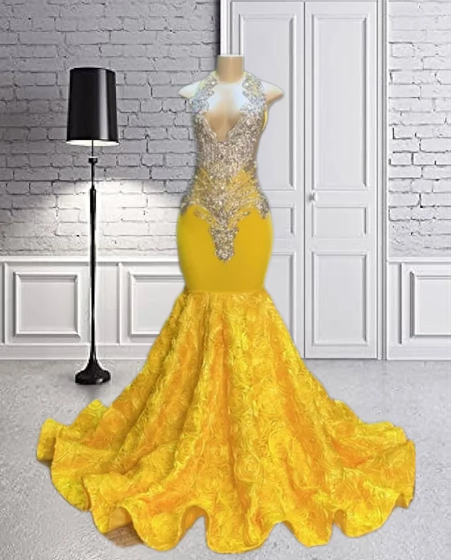 Yellow Ruched Flowers silver Crystal Beaded Prom Dress