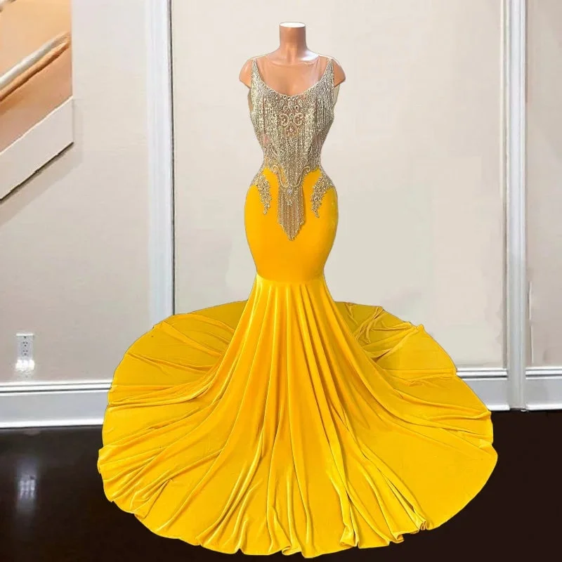 Yellow Velvet Crystal Prom Dress