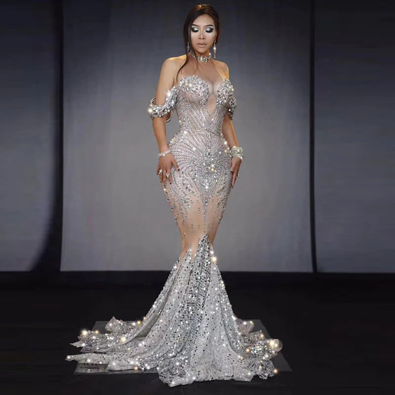 2025 Bright Crystal Sequins Elegant Fishnet Prom Dress