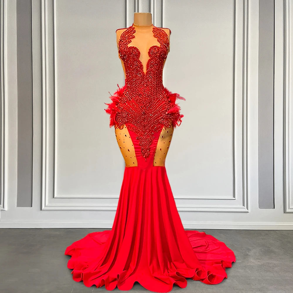 Sheer Red Cut-Out Mermaid Prom Dress with Crystals & Feathers