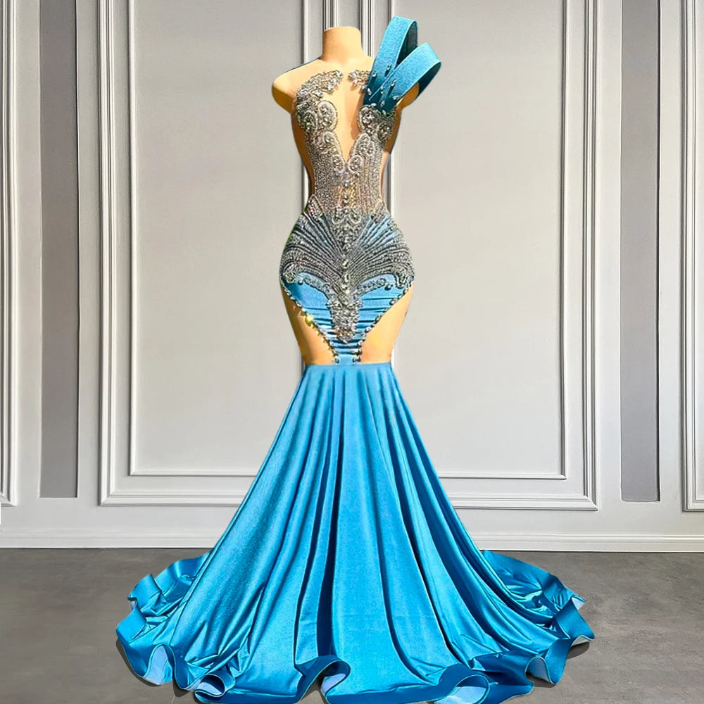 New Blue Cut-Out Mermaid Prom Dress with Sparkly Crystals