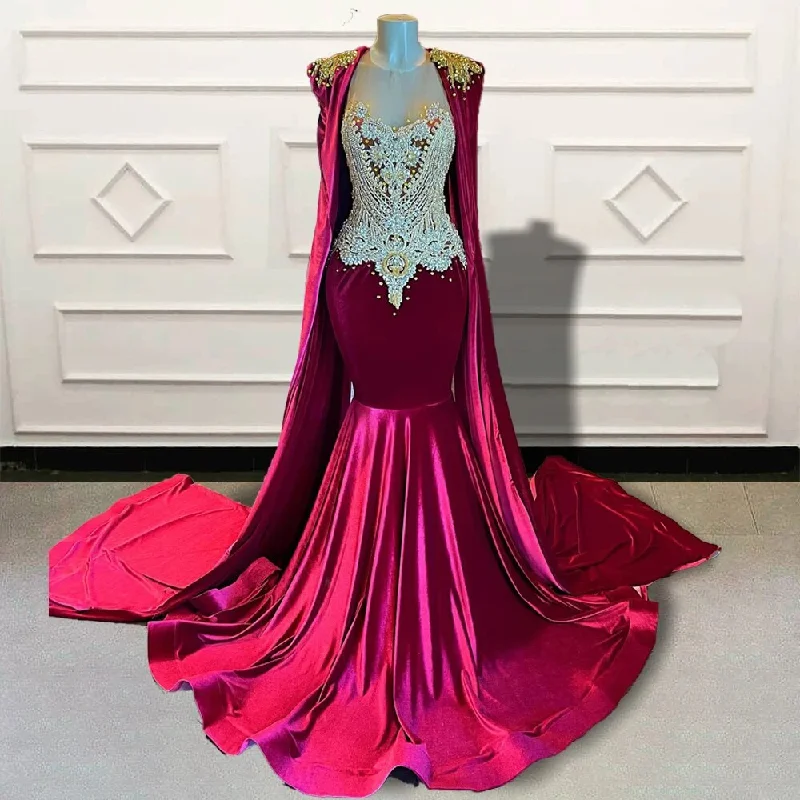 Glitter Beads Stone Mermaid Long Prom Dress with Cape