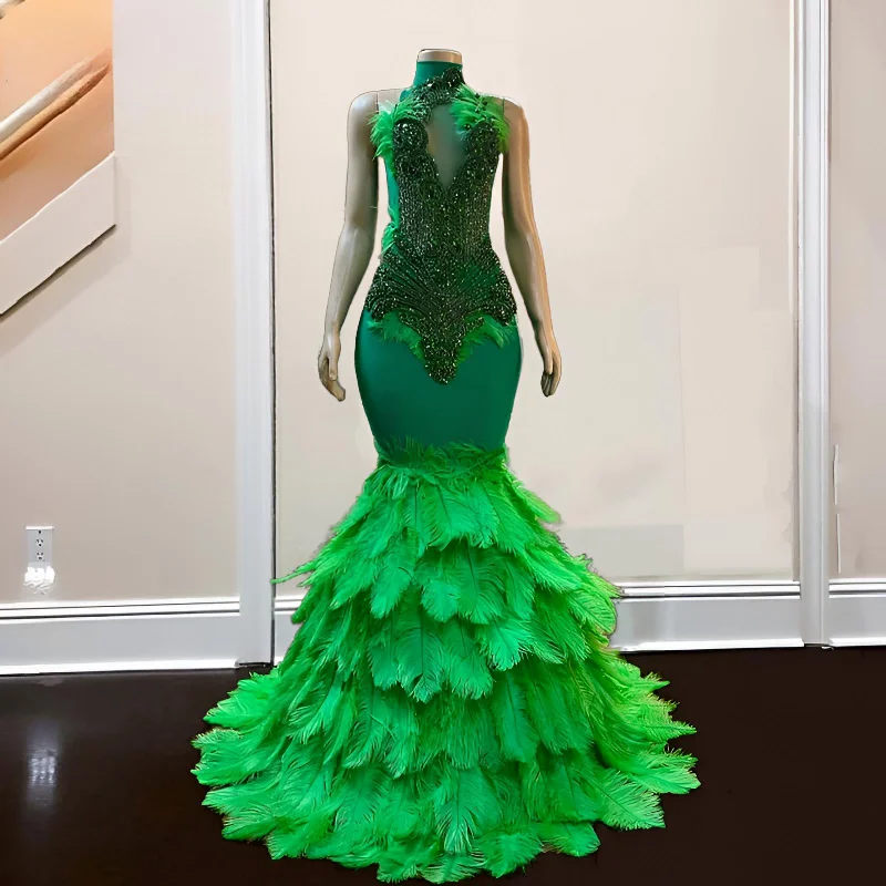 High Neck Crystal  Luxury Green Feathers Prom Dress