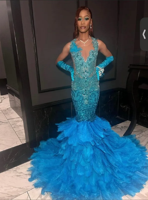 Opulent Elegance: Crystal-Adorned Aqua Feather Prom Dress