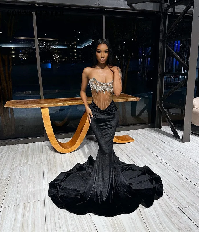 Sexy Silver Beaded Strapless Black Velvet Mermaid Prom Dress
