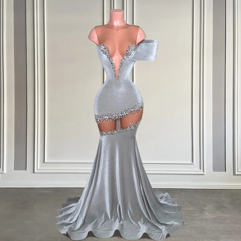 Elegant Grey Velvet Mermaid Prom Dress with Sheer Mesh