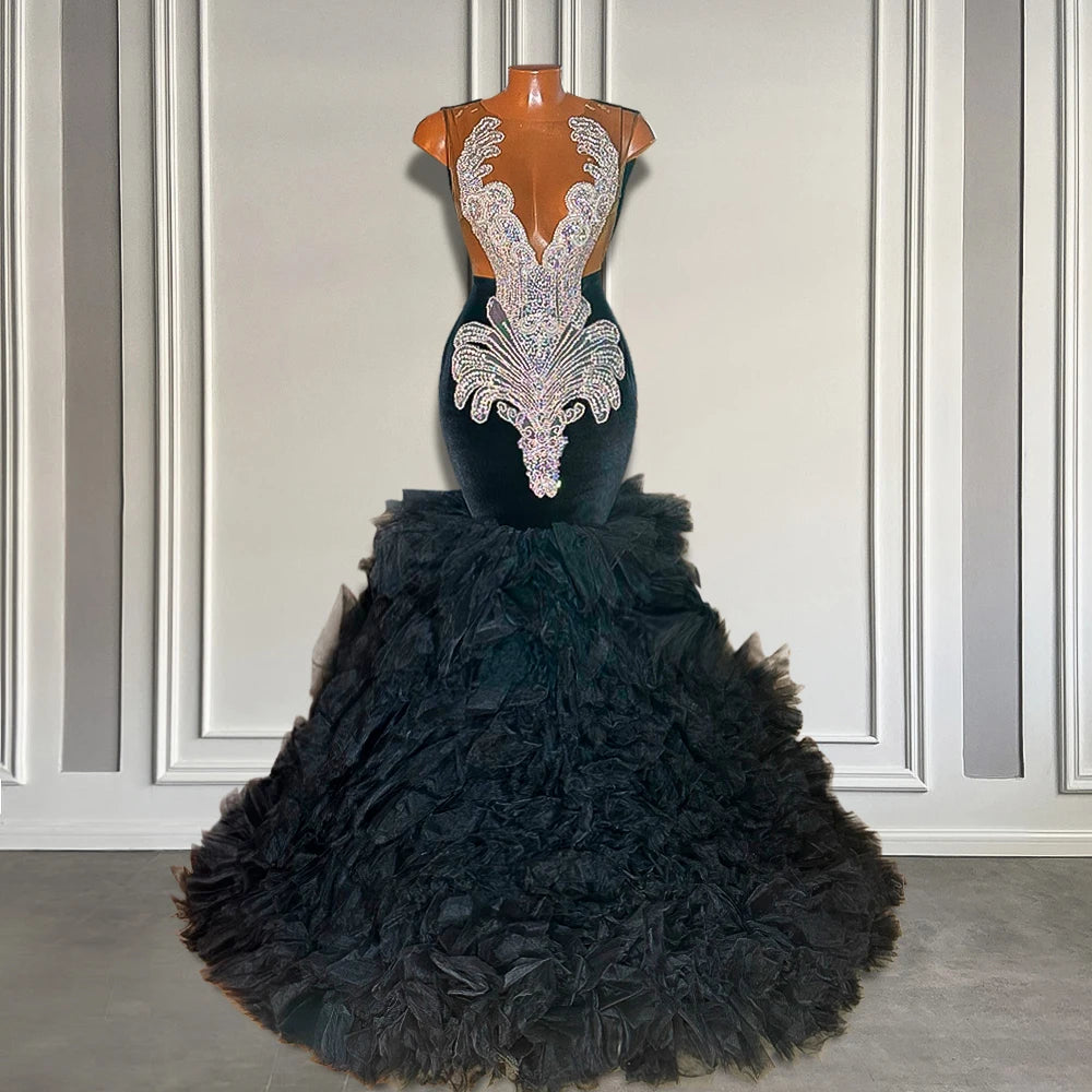 Long Black Velvet Mermaid Prom Dress with Ruffles & Crystal Beads