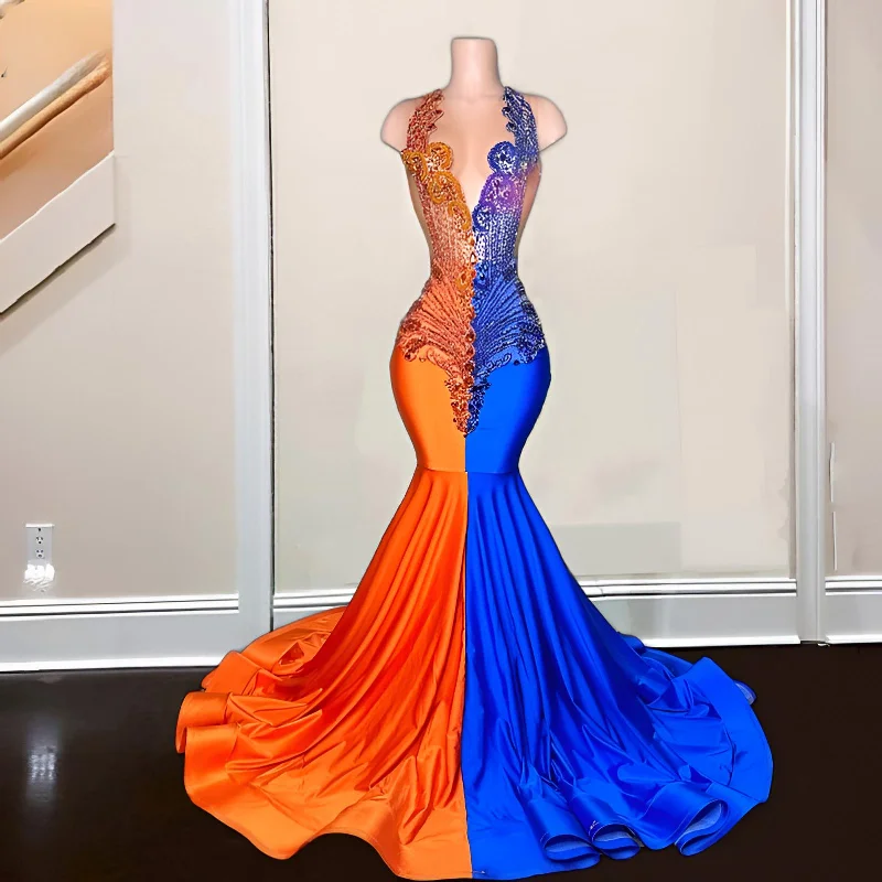 Sheer Neck Crystal Orange And Blue Mermaid Prom Dress