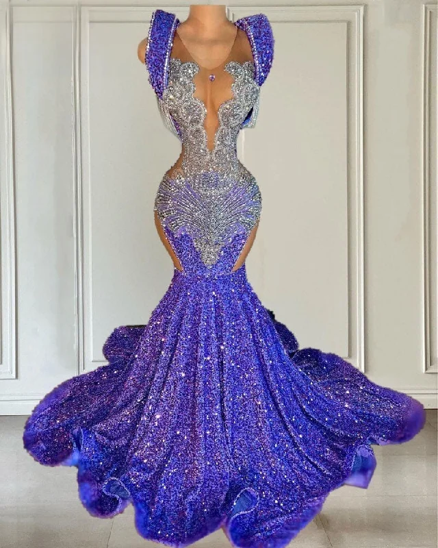 Glitter Light Purple Mermaid Crystal Prom Dress
