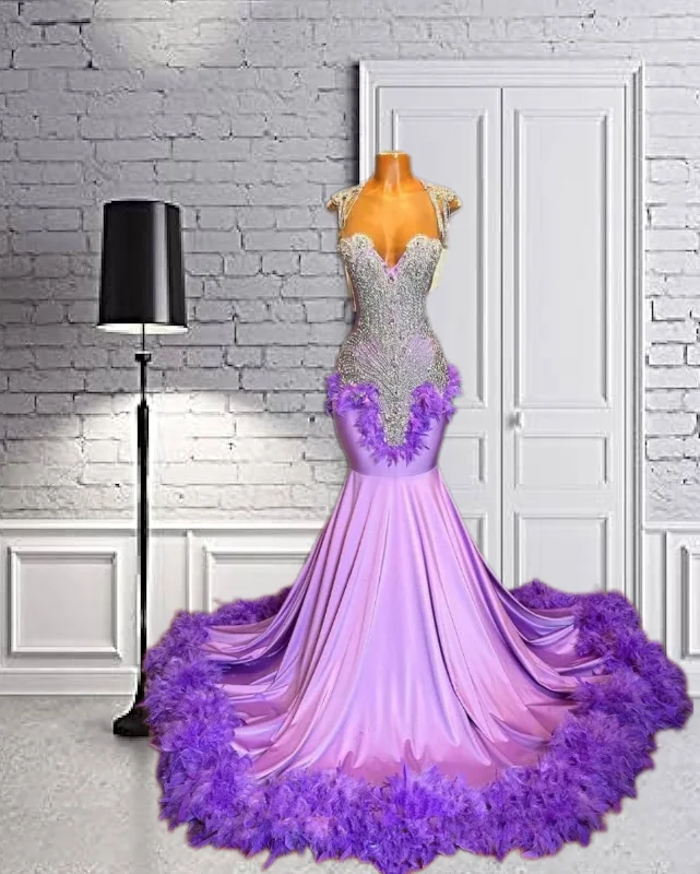 Purple Beaded Crystal Sweetheart Long Prom Dress