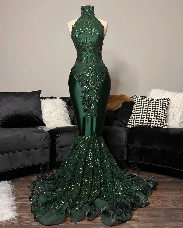 Green Emerald Sequined High Neck Glitter Prom Dress