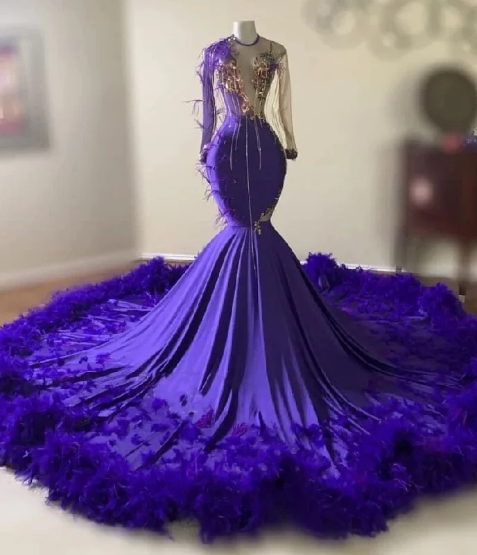 Elegant Purple Feathers Mermaid Prom Dress
