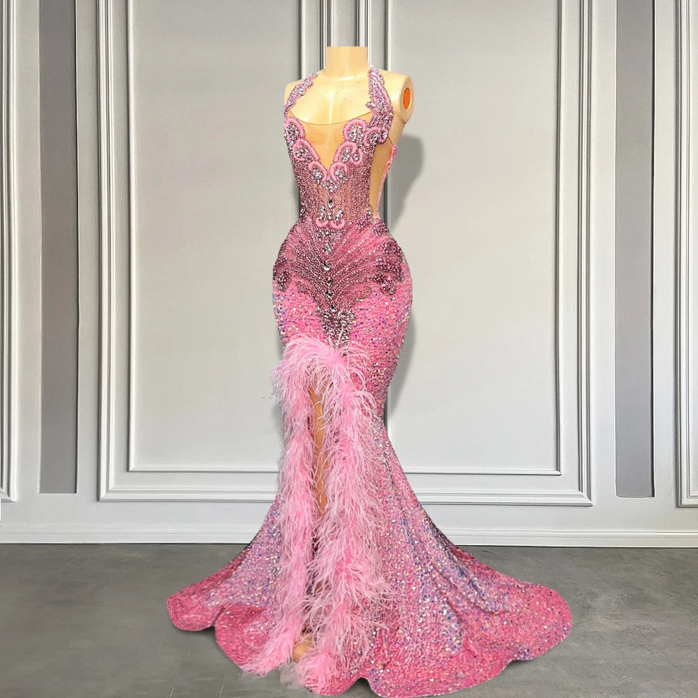 Long Pink Sequin Prom Dress with Rhinestones, Feathers & Slit