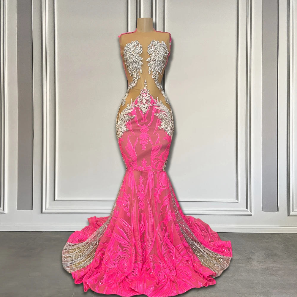 Cute Pink & Silver Luxury Beaded Prom Dress with Sparkly Diamonds