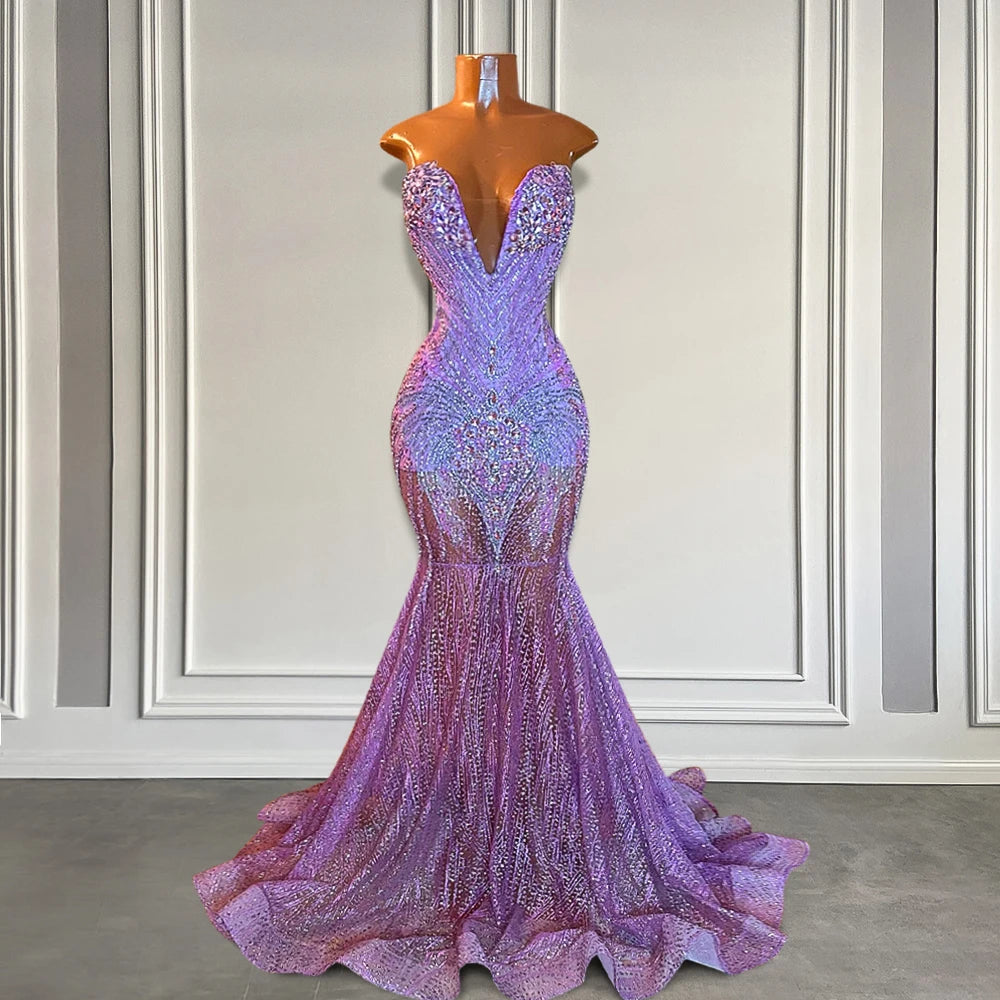Purple Strapless Rhinestone Crystal Beaded Lace Prom Dress 2025