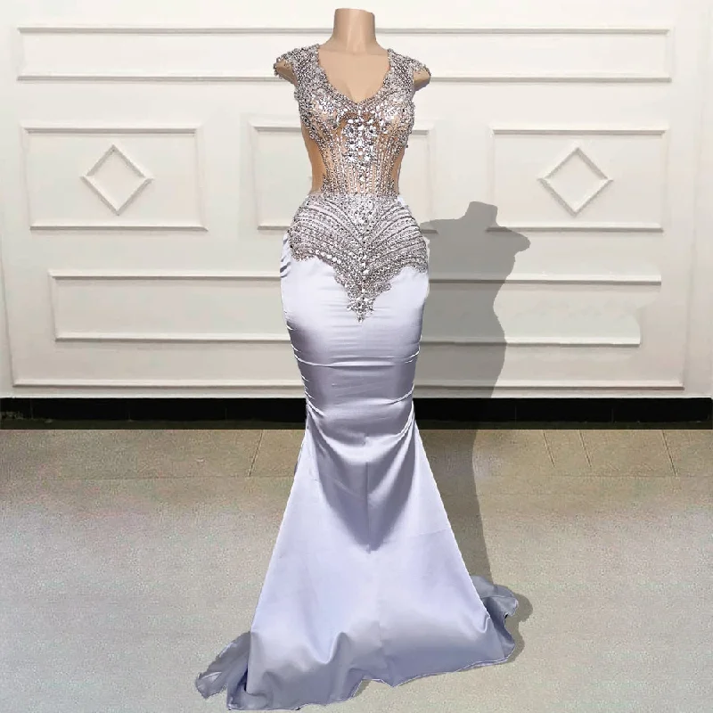 Luxury Beaded Crystals Mermaid Long Prom Dress V-neck Sheer Mesh