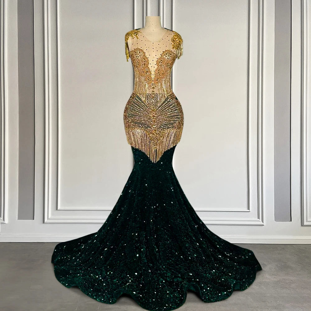 Gold Fringe Rhinestone Dark Green Sequin Mermaid Prom Dress