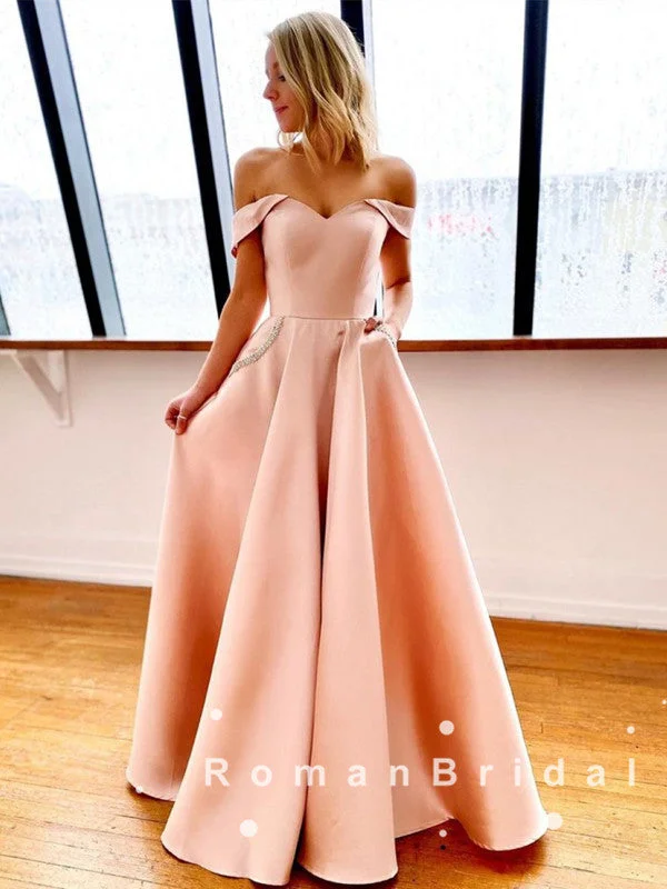 A-Line Off The Shoulder Simple Long Prom Dresses With Rhinestone,RBPD0051