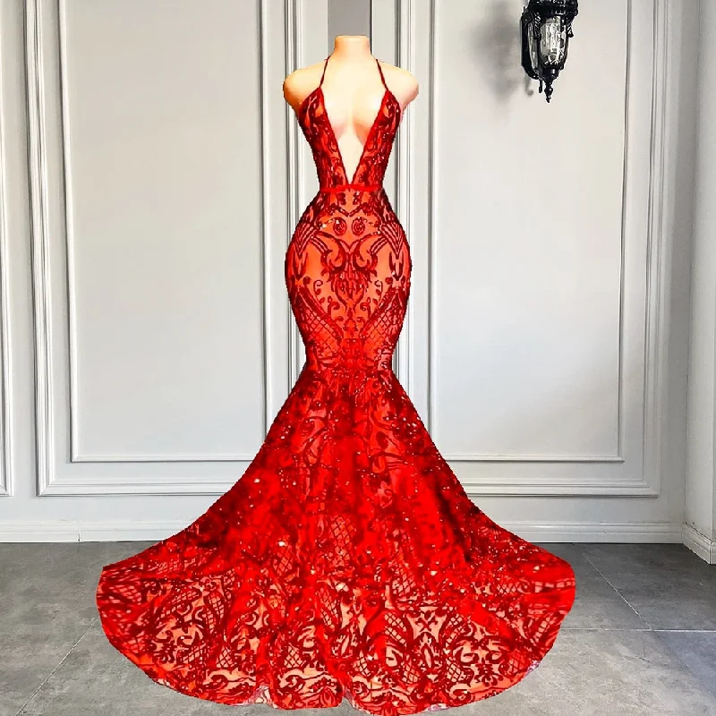 Long Sexy Halter Mermaid Style Backless Sparkly Red Prom Dress