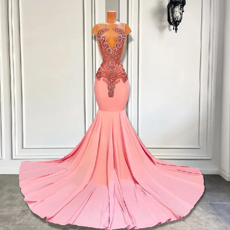 Sheer O-neck Sparkly Diamond Spandex Pink Mermaid Prom Dress