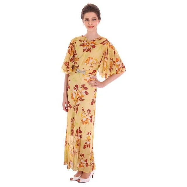 Lovely Vintage 1930s Dress Bias Cut Printed Silk Chiffon Fall Colors Magnolias 36-28-36 Gatsby Lovely Vintage 1930s Dress Bias Cut Printed Silk Chiffon Fall Colors Magnolias 36-28-36 Gatsby