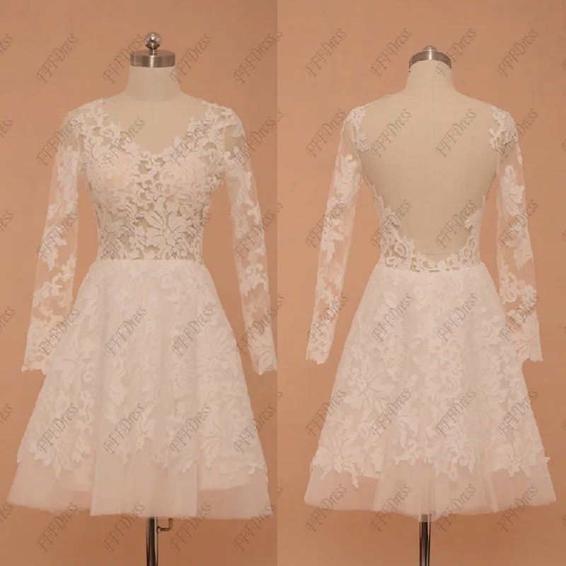 Backless White Short Prom Dresses Long Sleeves