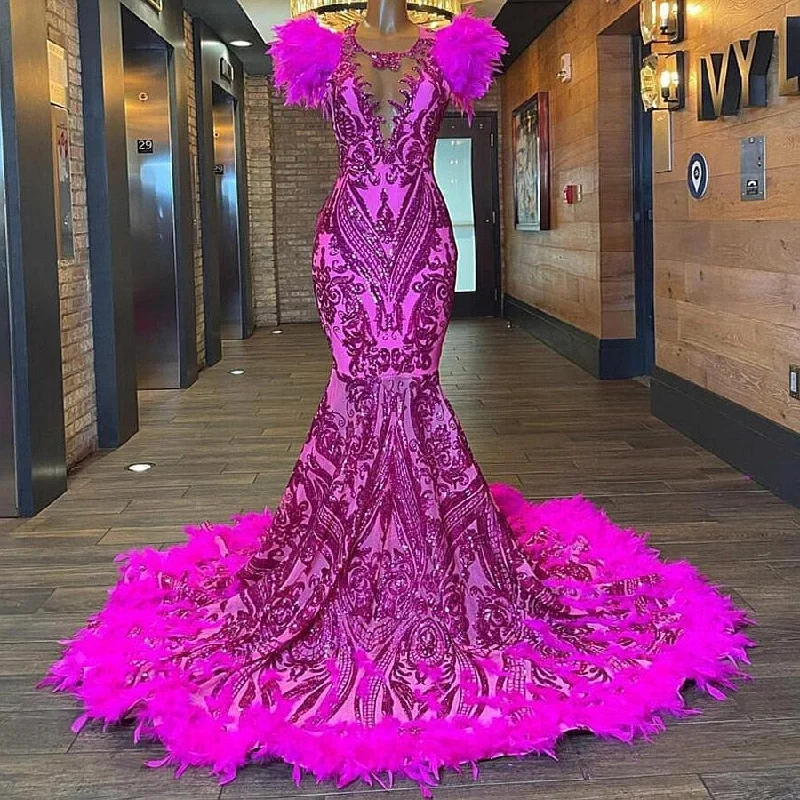 Fuchsia Feathers Mermaid Prom Dresses With Sheer Neck Sequined Lace