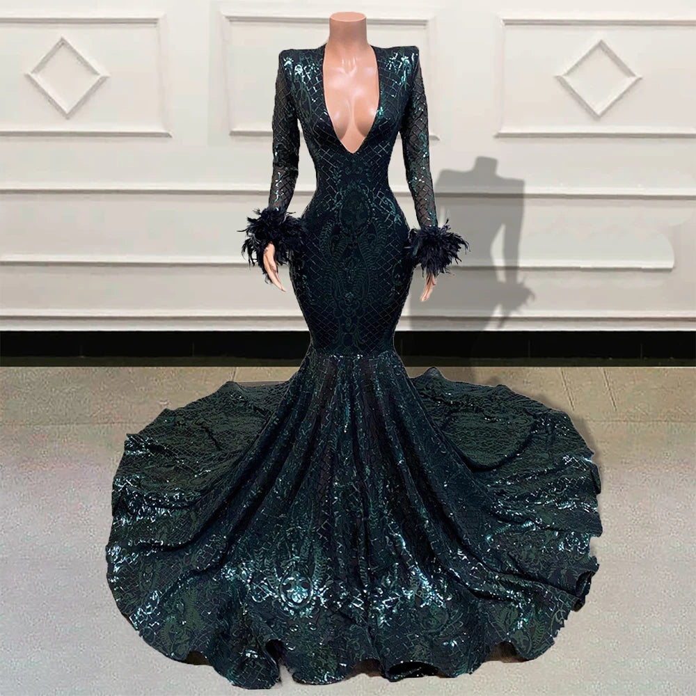 Sparkly Feathered Mermaid Evening Dress