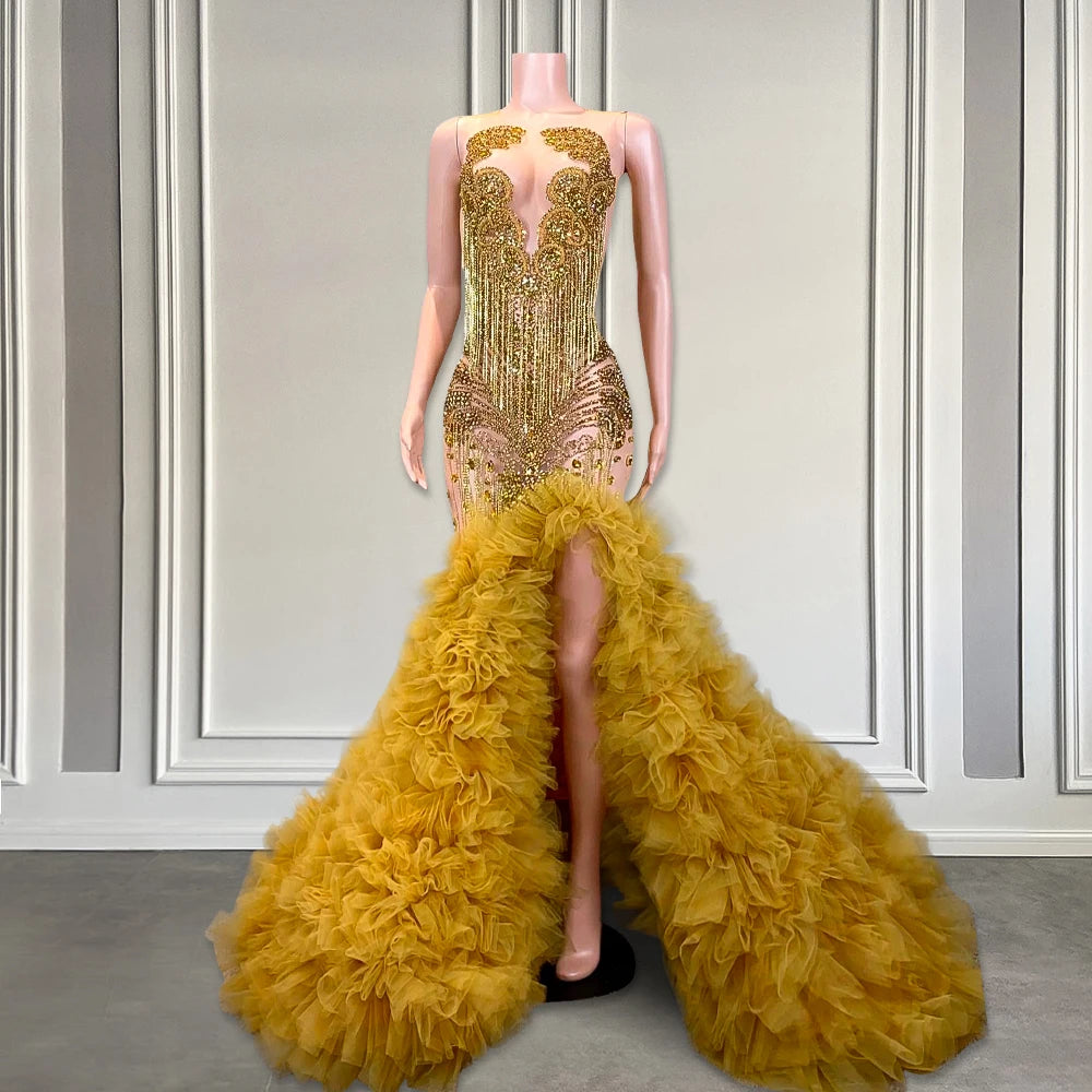 Gold  Luxury Mermaid Ruffle Slit Prom Dress